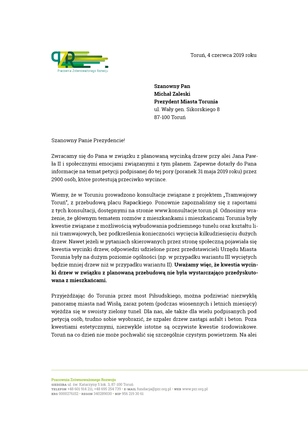 List do Prezydenta Miasta Torunia